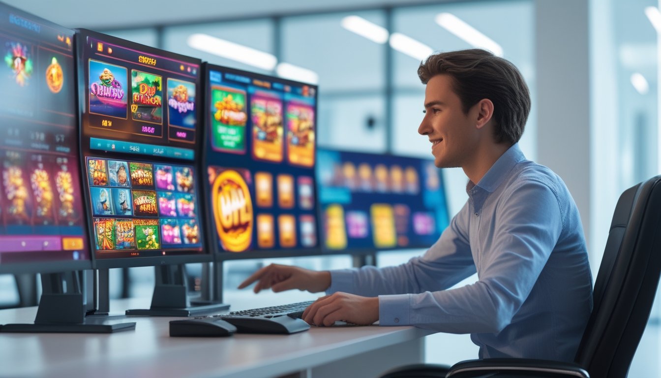 Seorang dewasa muda duduk di depan beberapa layar komputer yang menampilkan permainan slot warna-warni dalam ruangan kantor yang terang dan modern.
