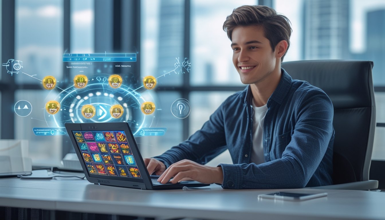 Seorang pria muda duduk di meja kantor dengan laptop yang menampilkan permainan slot online, terlihat senang dan percaya diri.