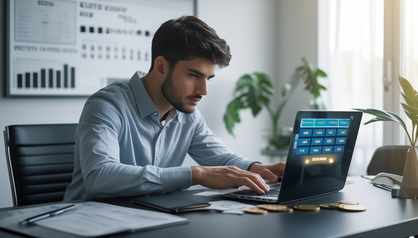 Seorang pria muda duduk di meja dengan laptop, mencatat dan mengelola keuangan terkait permainan slot secara serius.