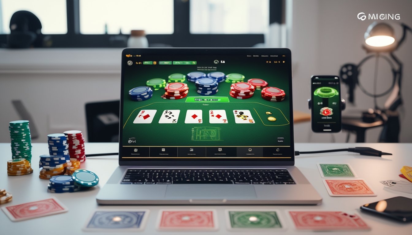 Seorang pemain menggunakan laptop dengan permainan poker Irlandia online di layar, dikelilingi oleh chip poker dan kartu remi di atas meja.