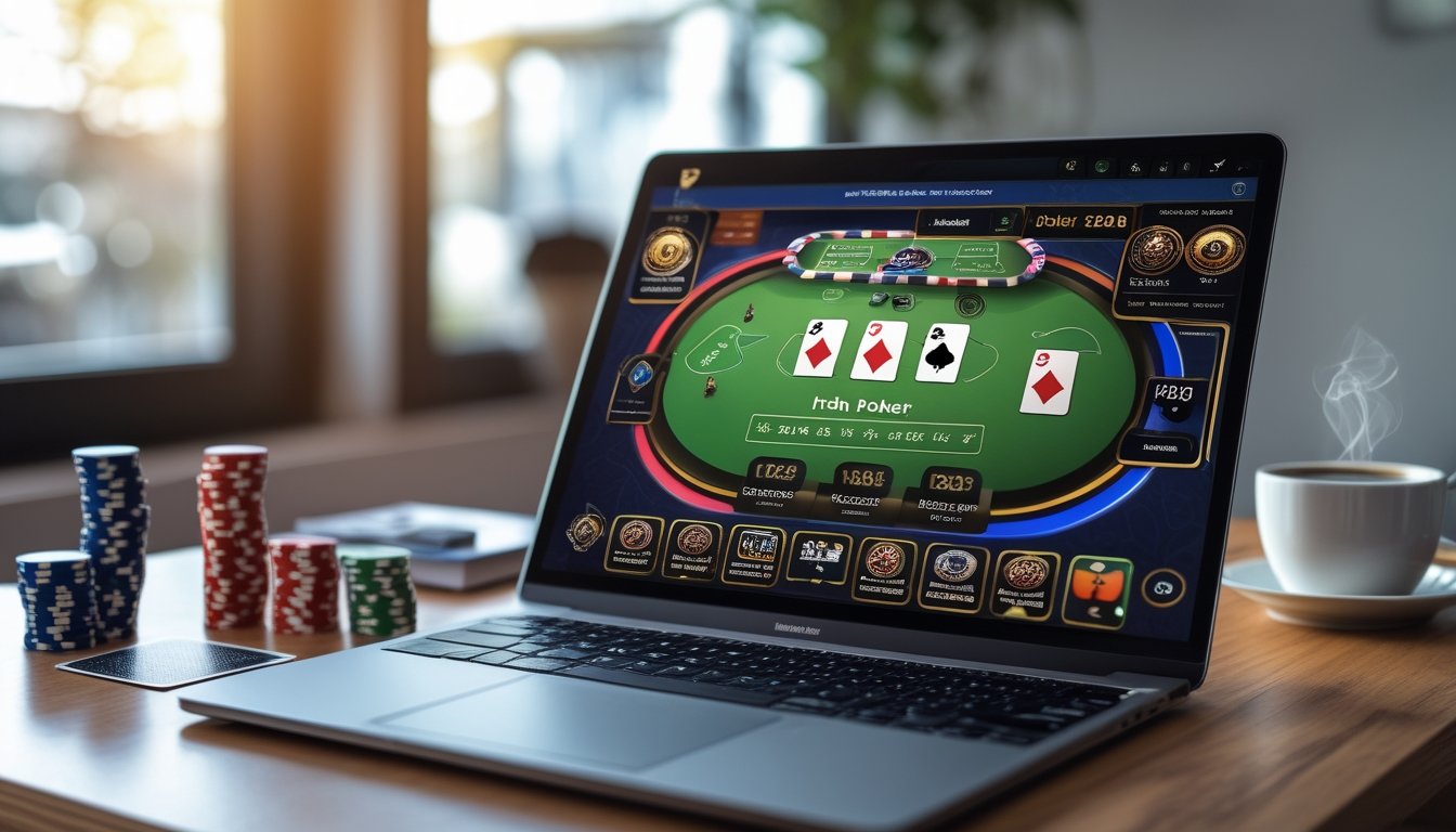 Seseorang bermain poker online dengan laptop di atas meja kayu, dikelilingi chip poker dan kartu remi.