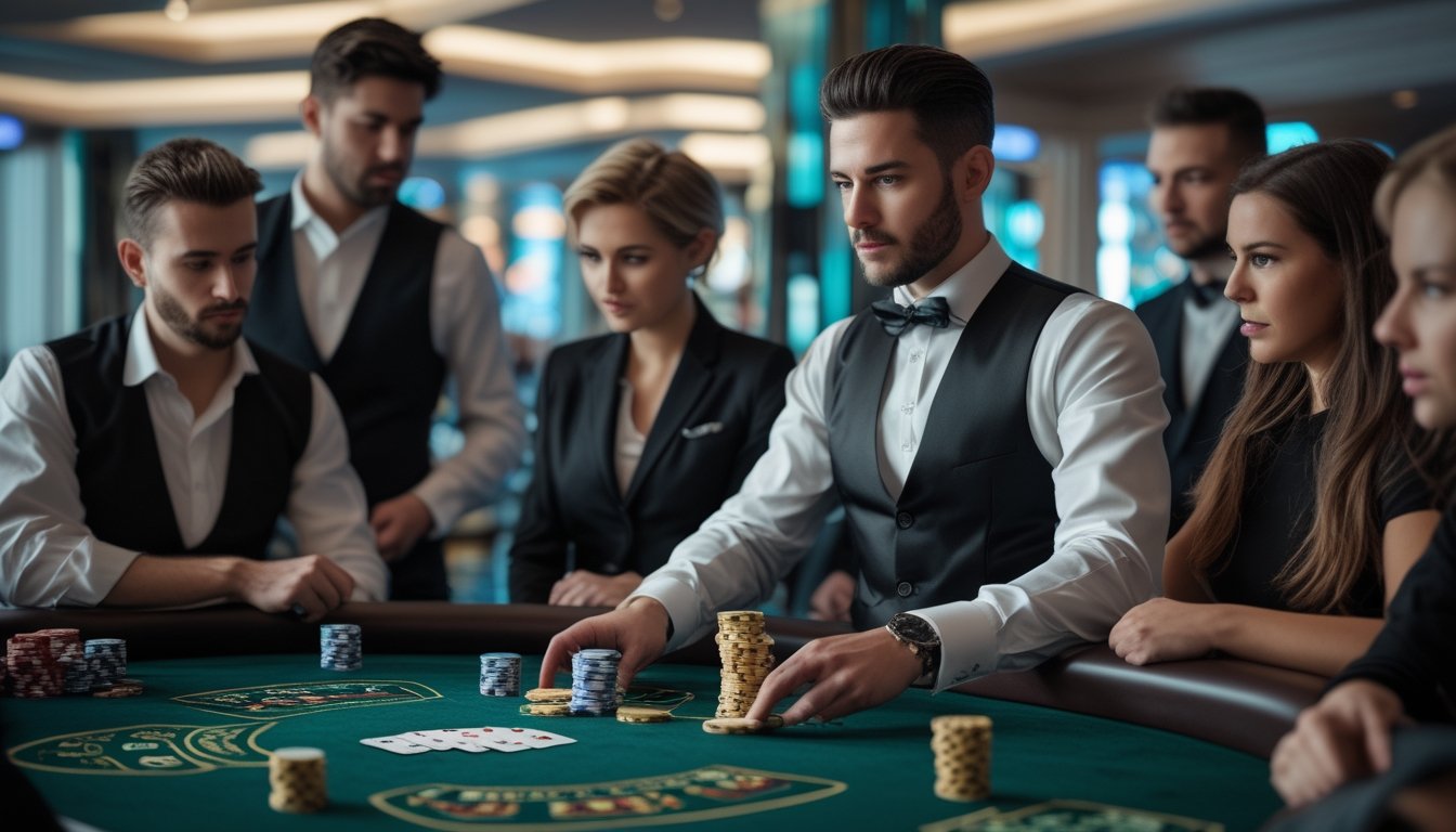 Suasana permainan poker di meja kasino dengan pemain yang serius dan dealer yang membagikan kartu.