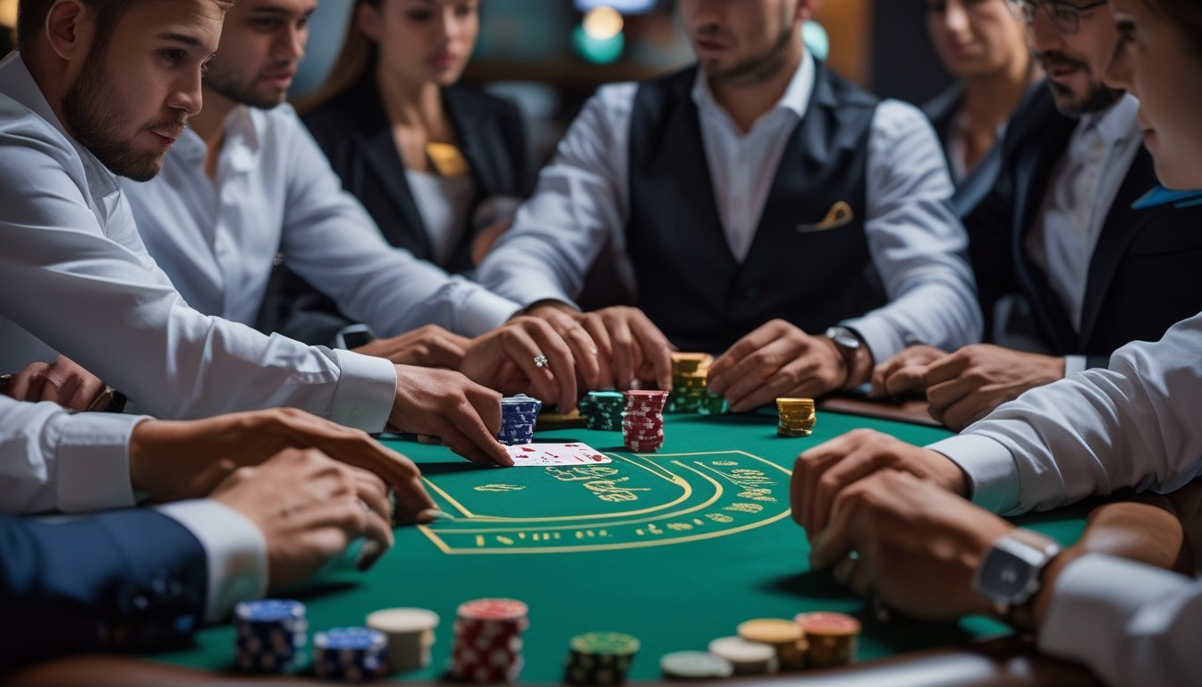 Meja poker dengan pemain yang sedang bermain Irish Poker, dilengkapi dengan kartu dan chip poker di suasana ruangan yang nyaman.