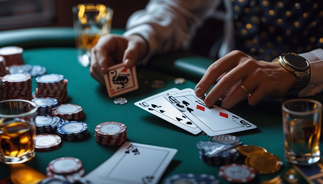 Tangan pemain memegang kombinasi kartu poker di atas meja dengan tumpukan chip dan suasana permainan poker yang fokus.