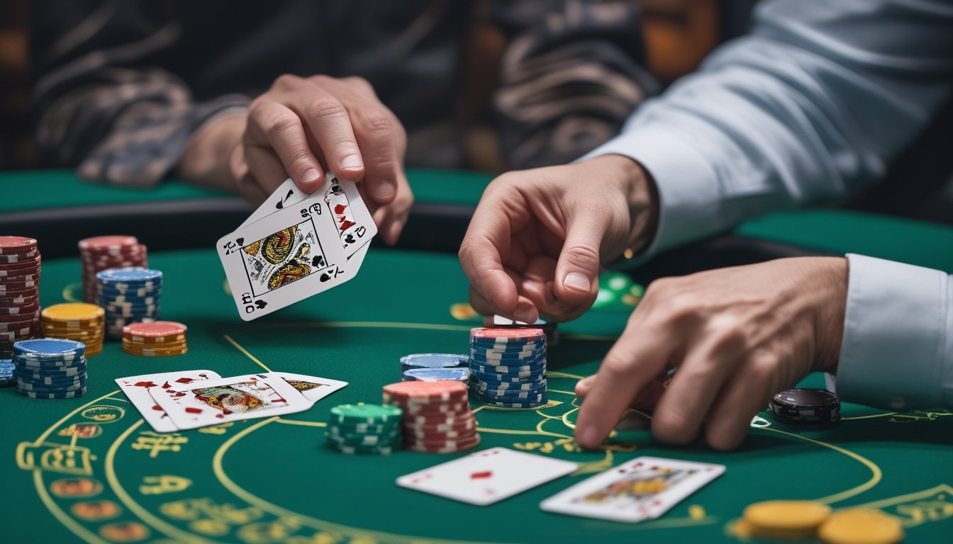 Tangan pemain memegang kombinasi kartu poker di atas meja hijau dengan tumpukan chip poker dan suasana permainan yang serius.