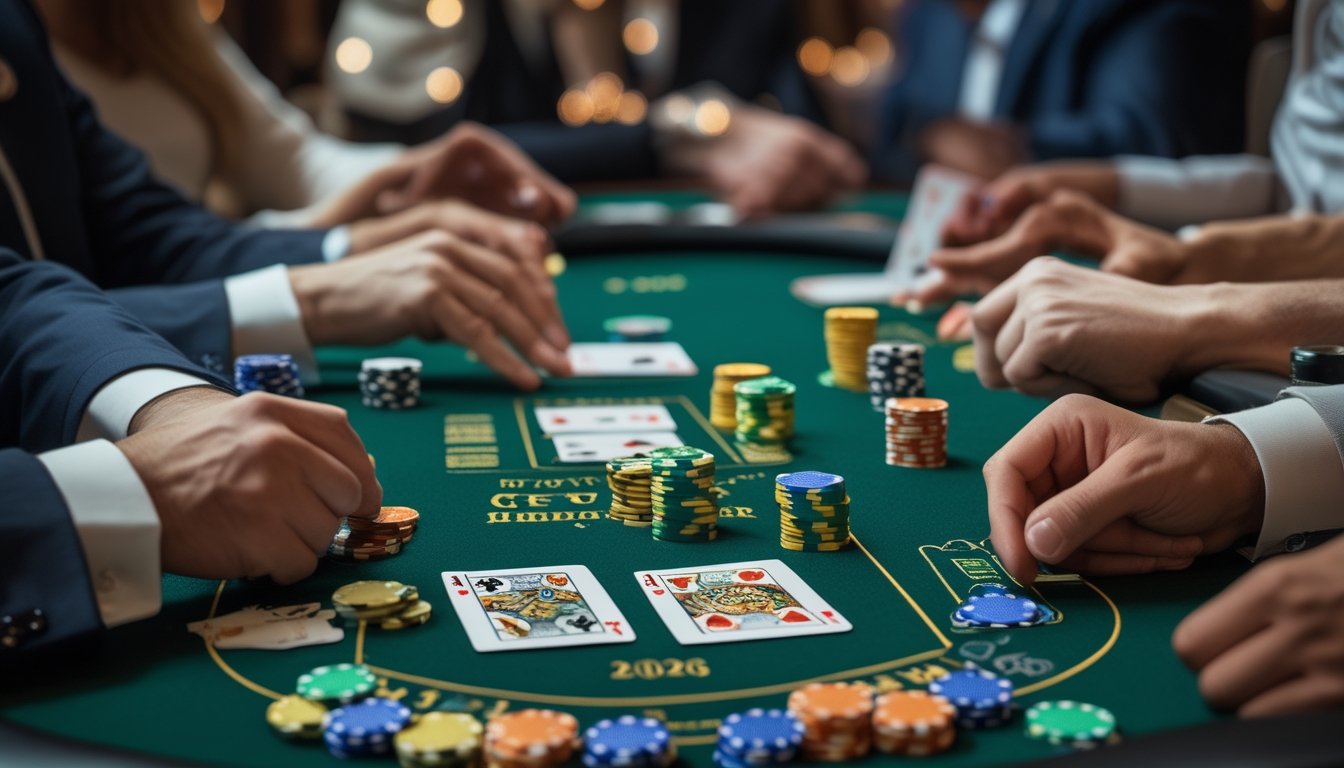 Meja poker dengan tumpukan chip dan kartu yang sedang dimainkan oleh beberapa orang.