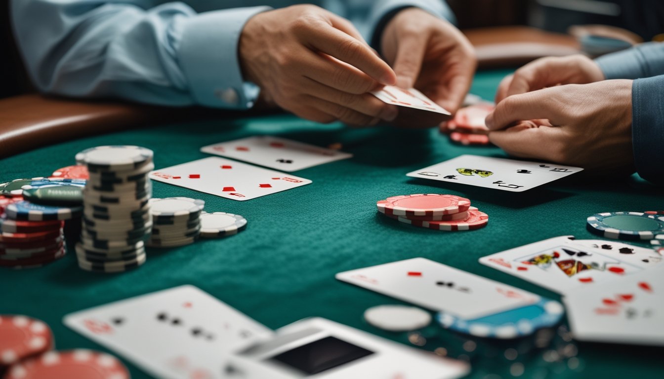 Tangan membagikan kartu di atas meja poker hijau dengan tumpukan chip poker dan kartu yang tersusun rapi.
