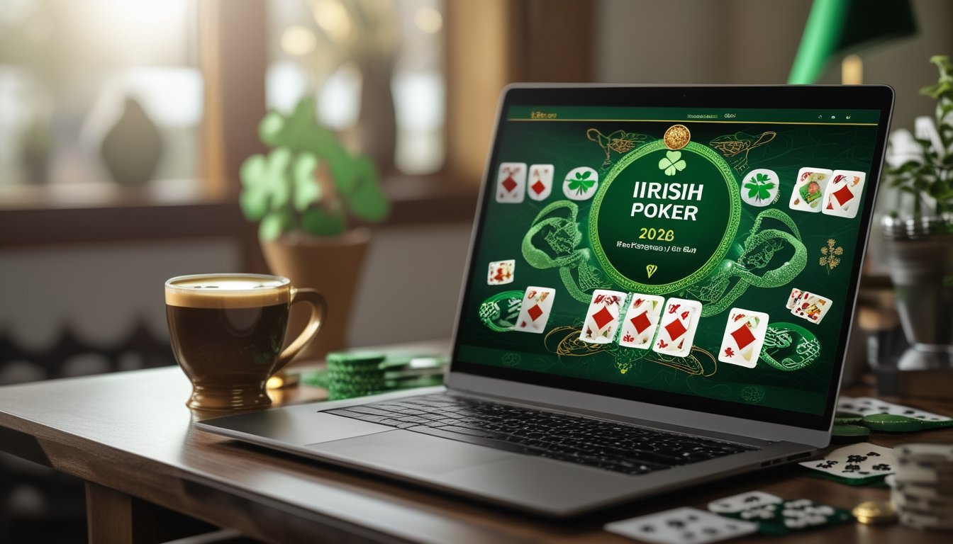Seorang pemain poker online menggunakan laptop dengan tema Irlandia, dikelilingi oleh chip poker, kartu, dan secangkir kopi Irlandia di atas meja kayu.