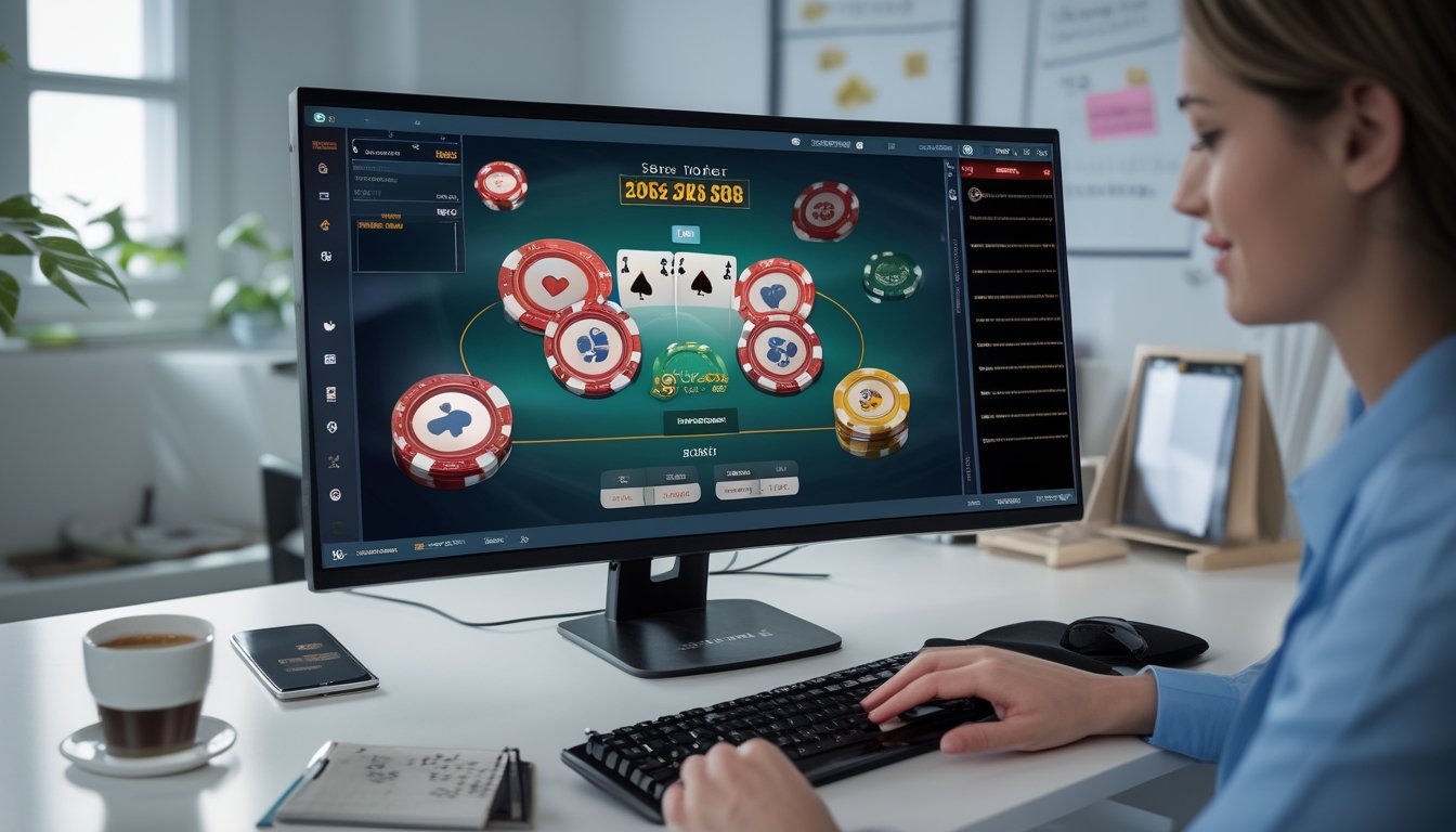 Meja kerja dengan komputer yang menampilkan permainan poker online, tangan seseorang sedang menggunakan mouse, dengan kopi dan ponsel di sekitar meja.