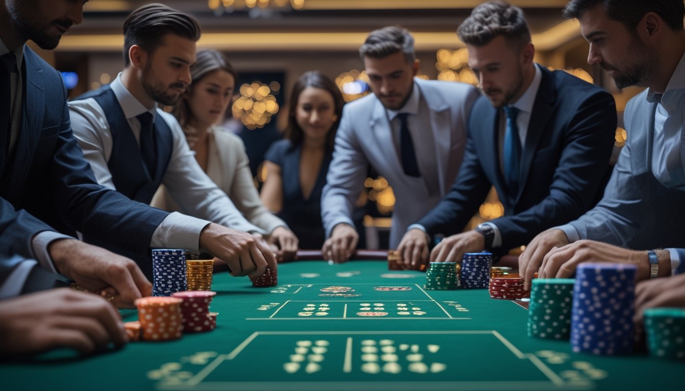 Sekelompok orang bermain poker di meja Irish Poker dengan tumpukan chip dan suasana kasino yang ramai.