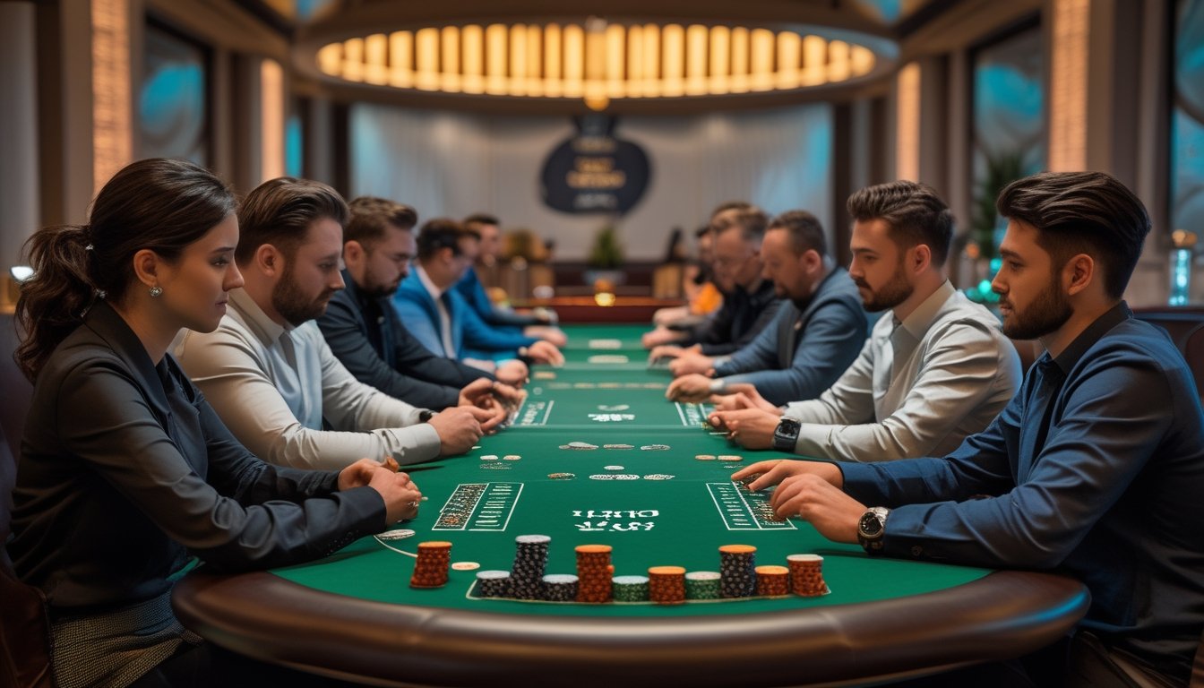 Beberapa pemain duduk di meja poker dengan chip dan kartu, sedang fokus bermain Irish Poker di kasino.