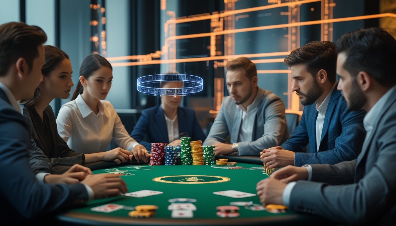 Beberapa pemain poker duduk di meja hijau dengan chip dan kartu, fokus bermain dalam suasana yang hangat dan modern.