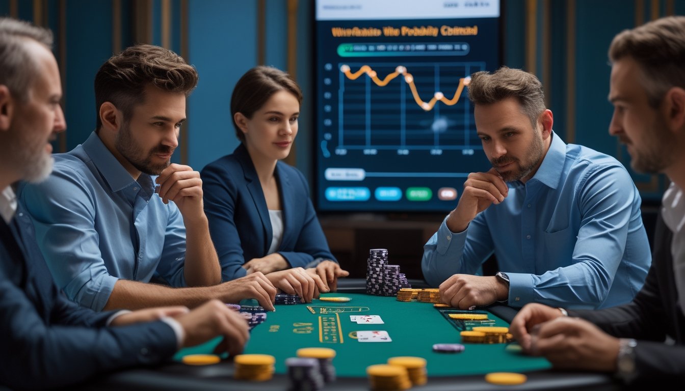 Beberapa orang sedang bermain poker di meja dengan kartu dan chip, sambil melihat layar yang menampilkan grafik peluang menang.