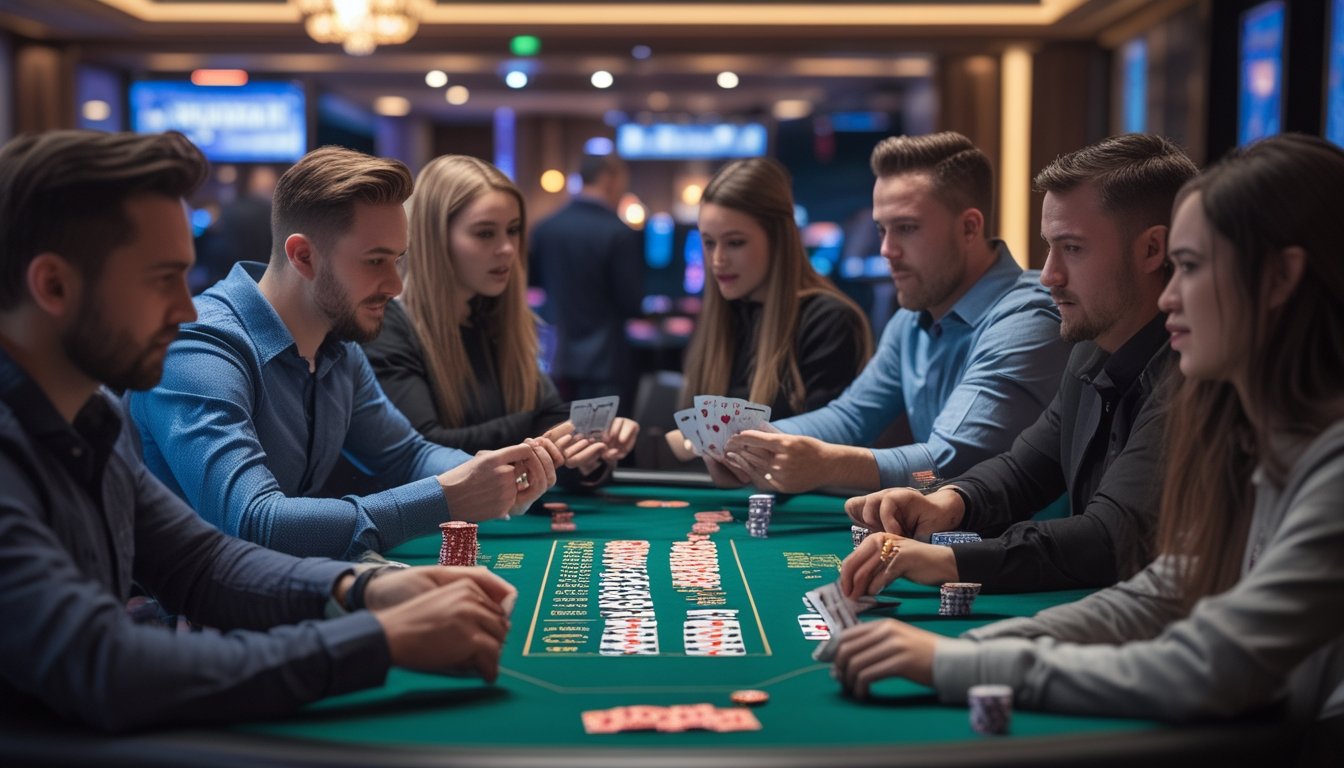 Beberapa orang sedang bermain Irish Poker di meja poker modern dengan suasana kasino yang ramai.