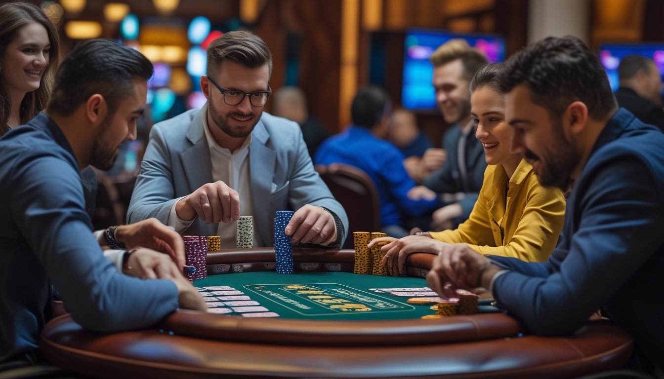 Beberapa orang sedang bermain Irish Poker di meja poker dengan suasana kasino modern yang hangat dan elegan.