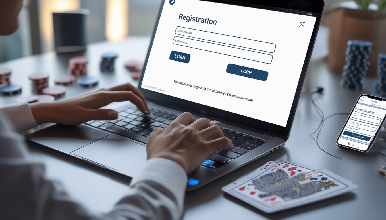 Tangan seseorang sedang mengetik di laptop dengan layar login dan beberapa chip poker serta kartu bermain di meja.