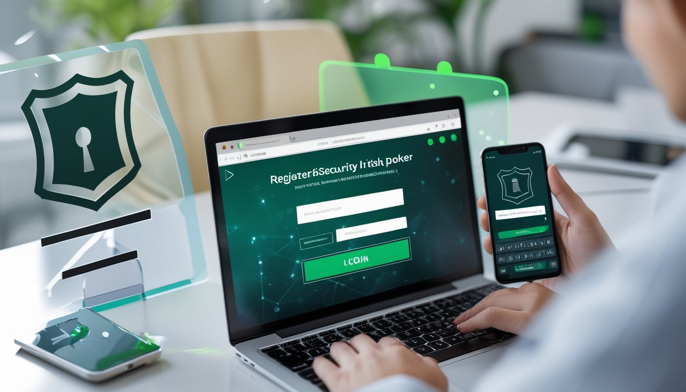 Sebuah meja kerja modern dengan laptop yang menampilkan layar login, ponsel di sampingnya, dan tangan seseorang sedang mengetik.