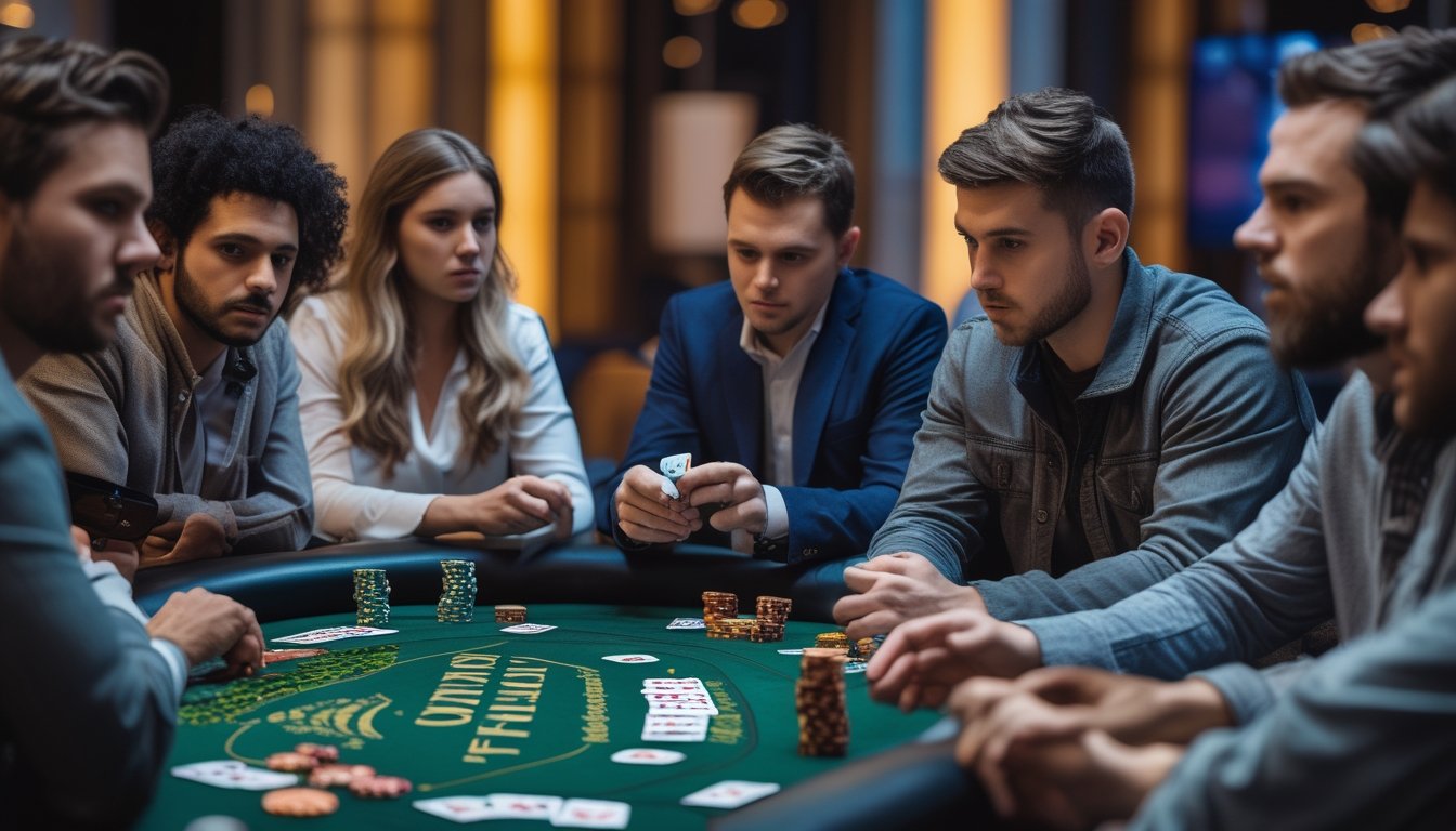 Beberapa pemain poker yang serius duduk mengelilingi meja poker di kasino, fokus pada permainan.