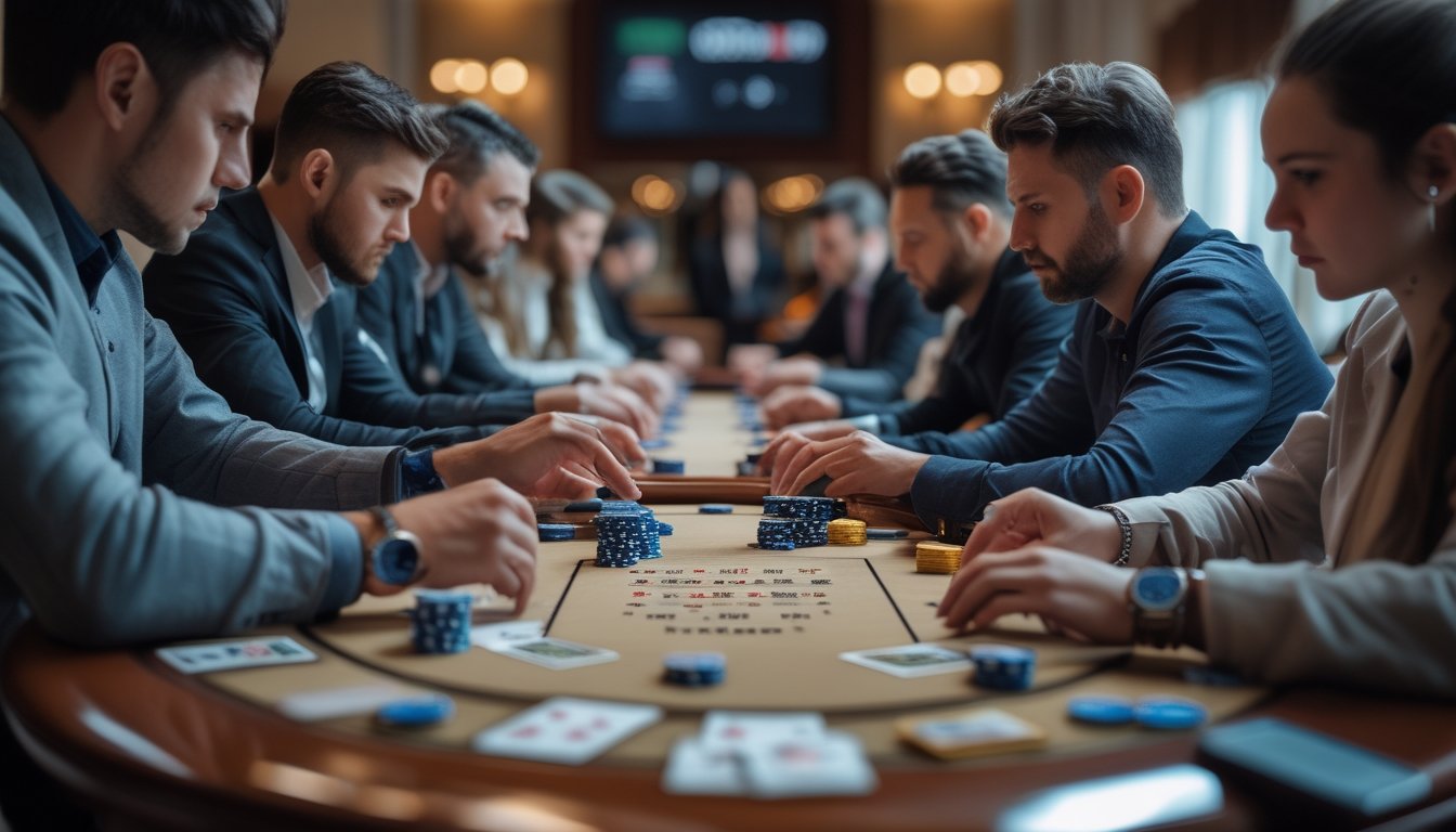 Beberapa pemain serius duduk mengelilingi meja poker dengan kartu dan chip, fokus bermain permainan Irish Poker.
