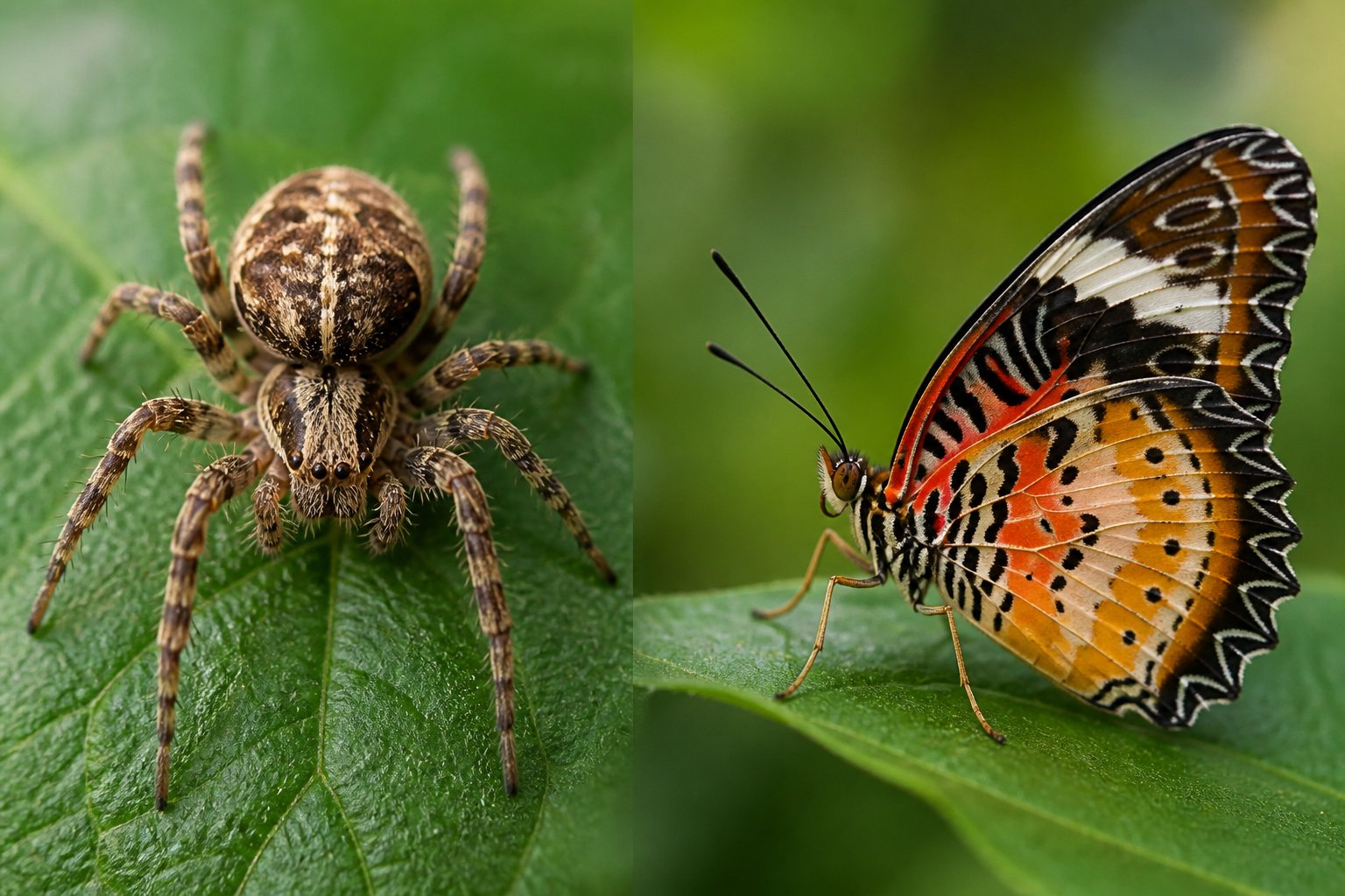 Close-up view of a spider and an insect side by side on green leaves, showing their different body structures.