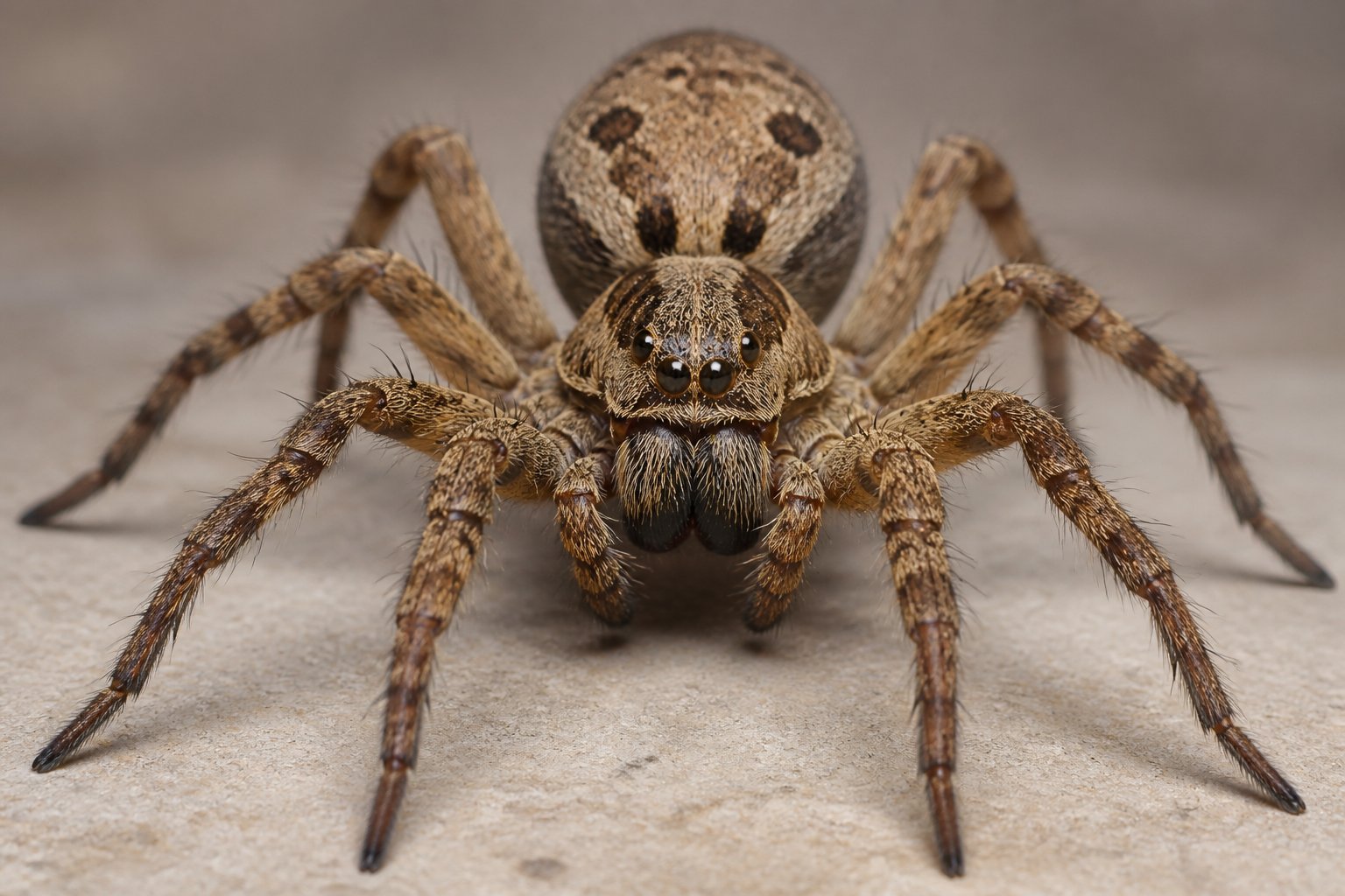 Close-up of a spider showing its eight legs, segmented body, and multiple eyes on a plain background.