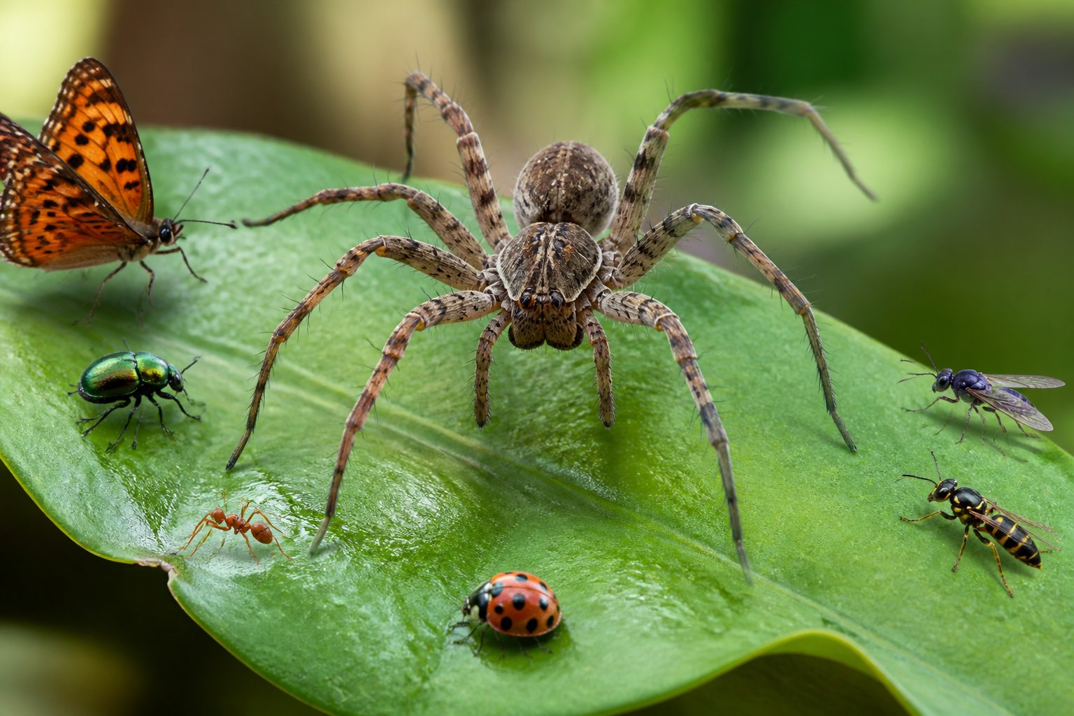 A close-up of a spider on a leaf with various insects nearby in a natural outdoor setting.