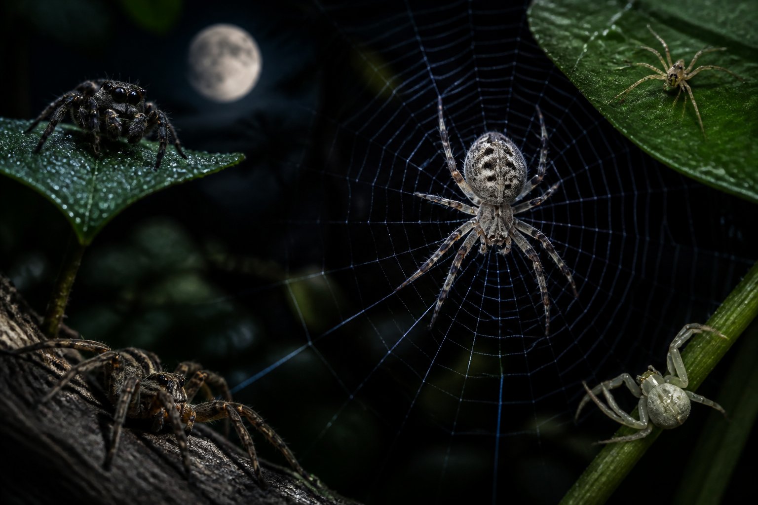 Close-up of a spider on its web at night with other spiders visible in a dark natural environment.