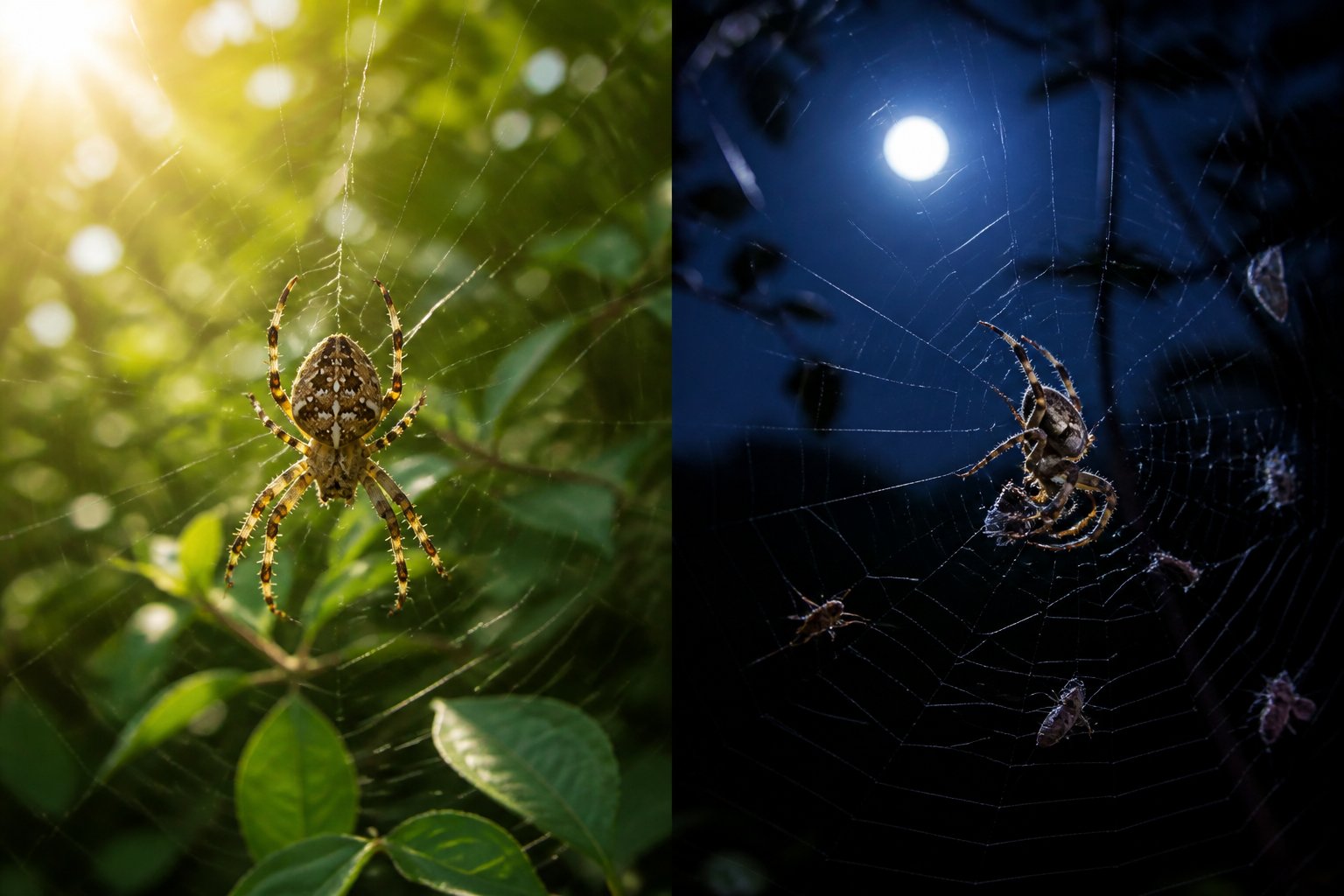 A spider resting on its web during the day on one side and a spider actively weaving its web at night on the other side.