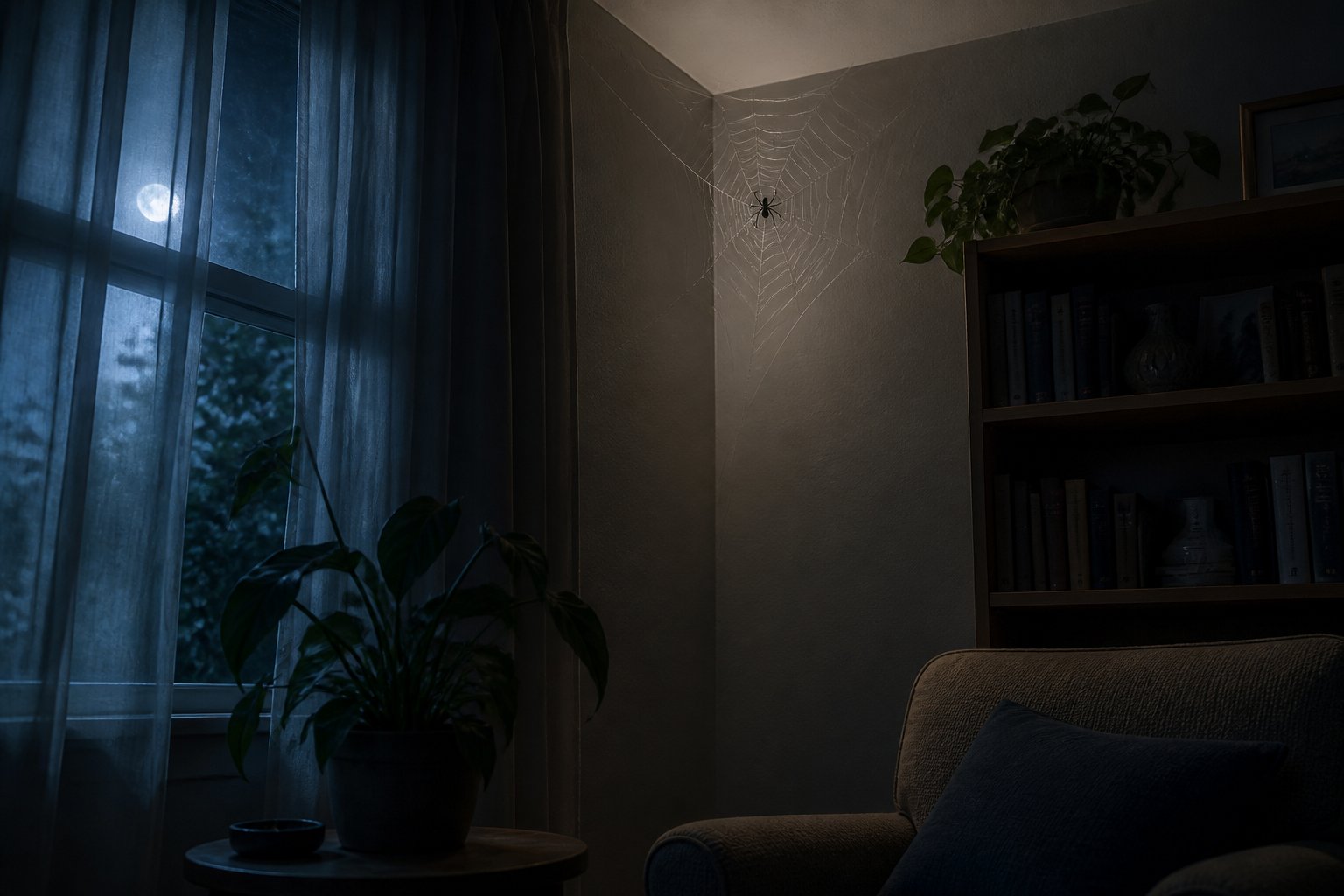 A dimly lit indoor corner at night showing a spider resting on its web near a window with moonlight filtering through curtains.