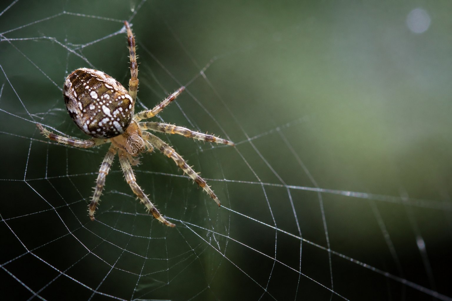 Close-up of a spider carefully walking on its web, showing its legs touching the silk threads.