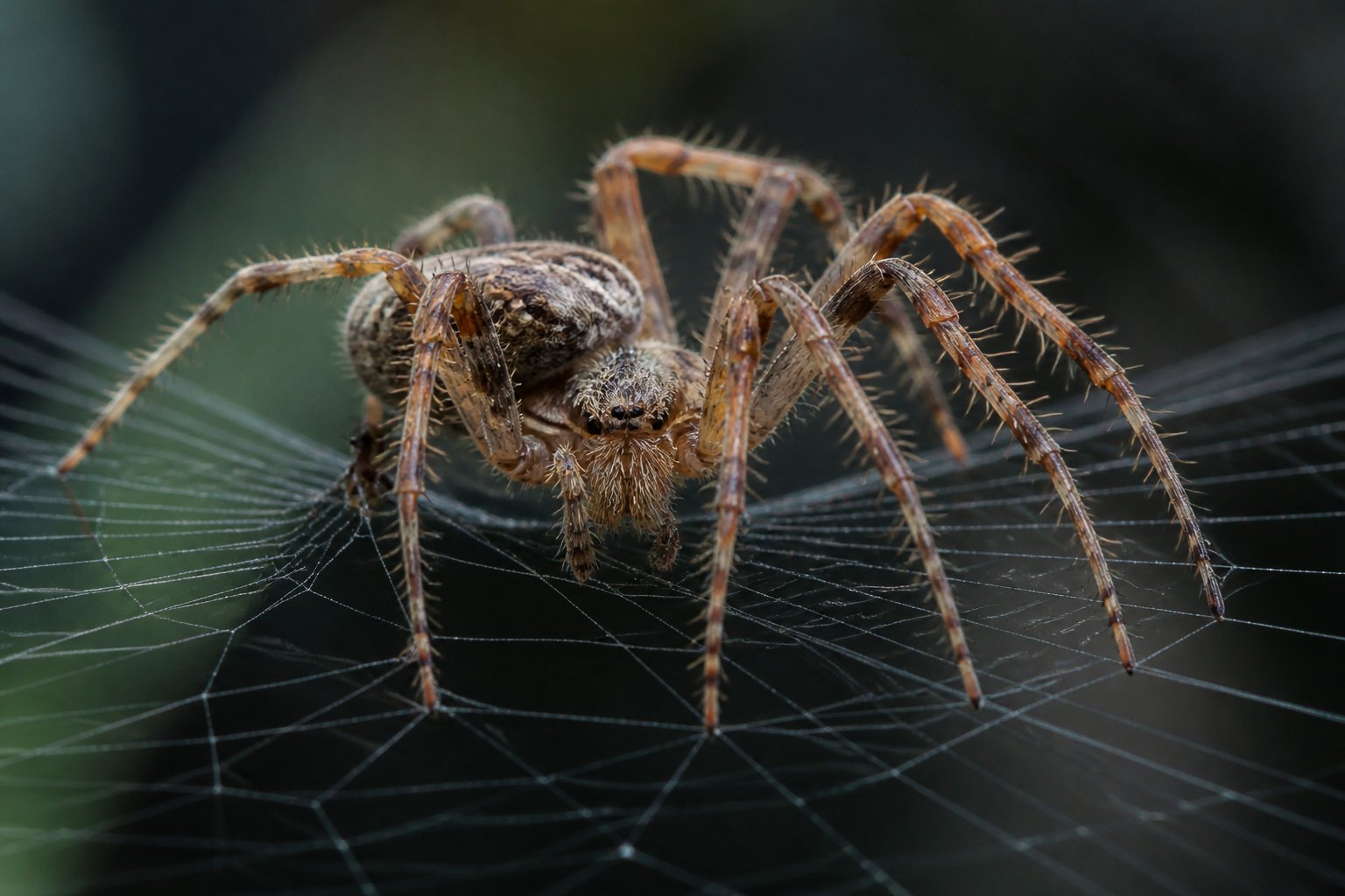 Close-up of a spider walking carefully on its web, showing its legs touching the silk threads.