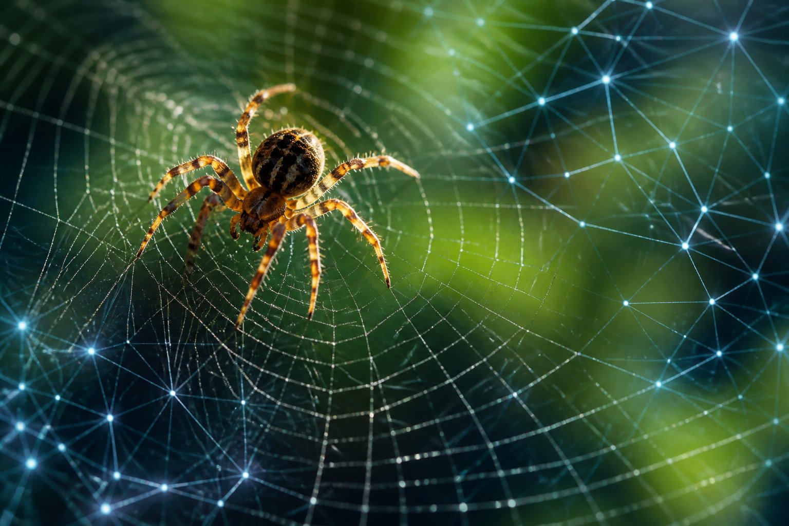 Close-up of a spider walking on a detailed spider web with silk threads glistening in natural light.
