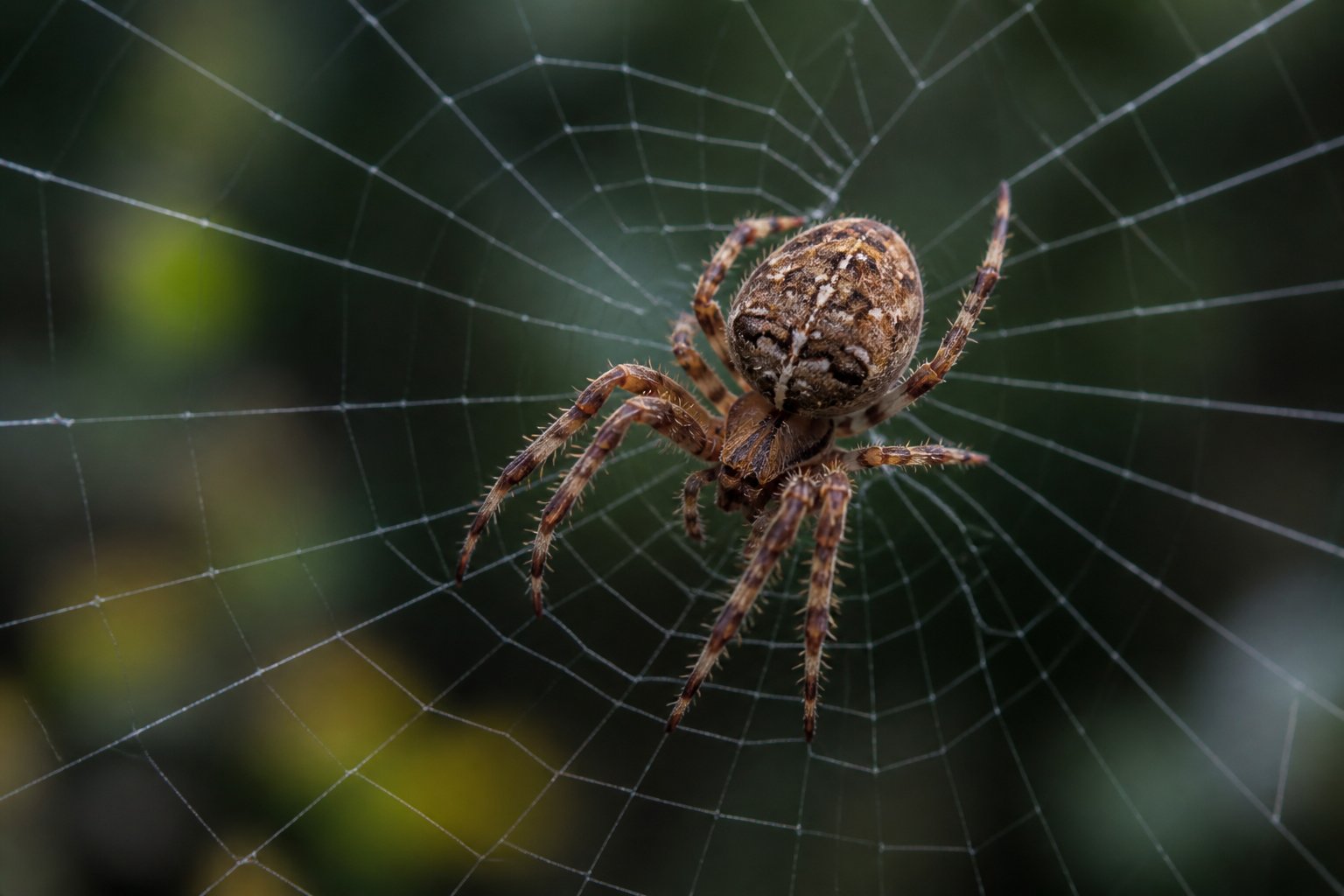A close-up view of a spider walking on its delicate silk web with fine threads visible.