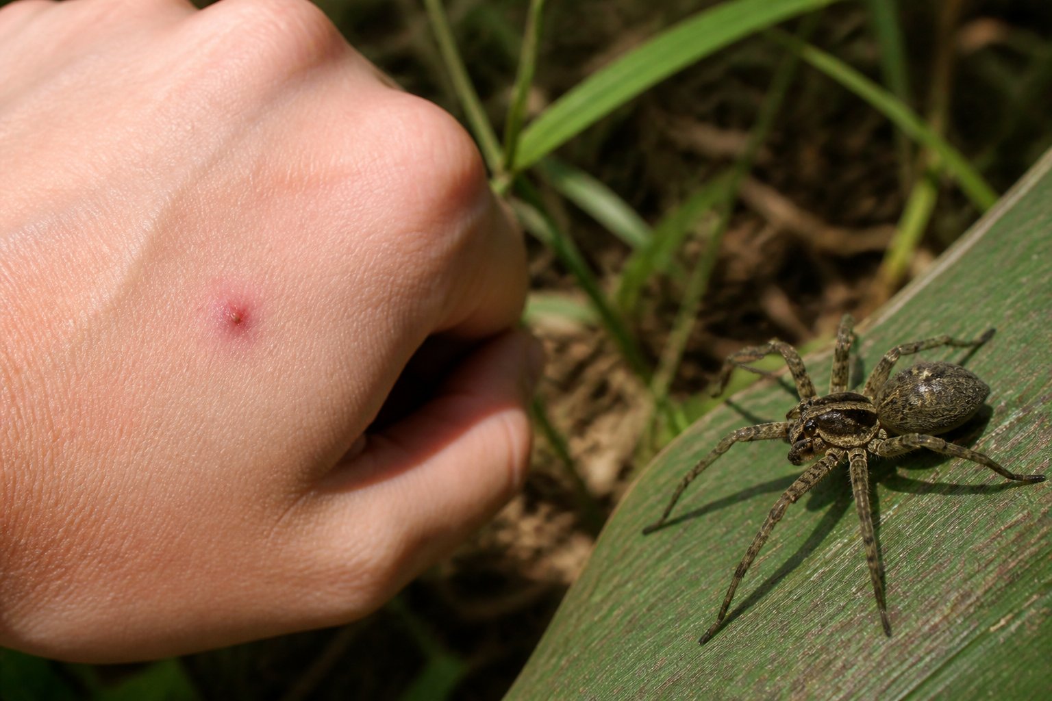 Close-up of a human hand with a small red mark and a spider nearby on a leaf outdoors.