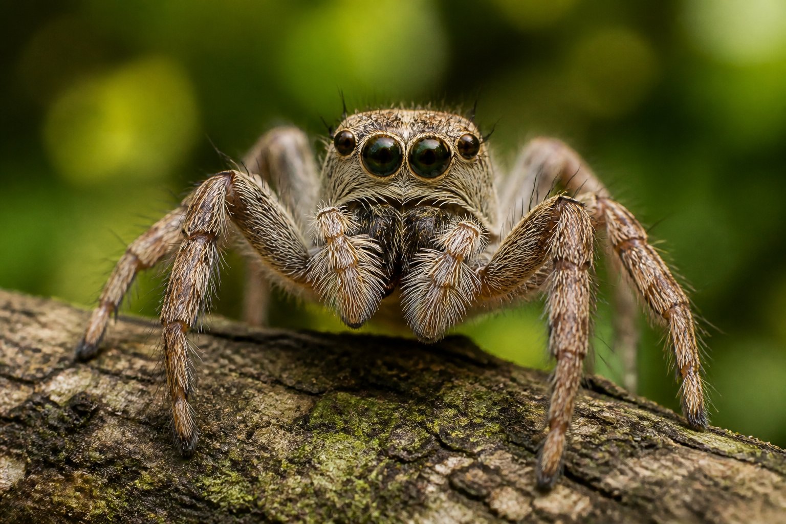 Close-up of a spider on a leaf with detailed body features and a blurred natural background.