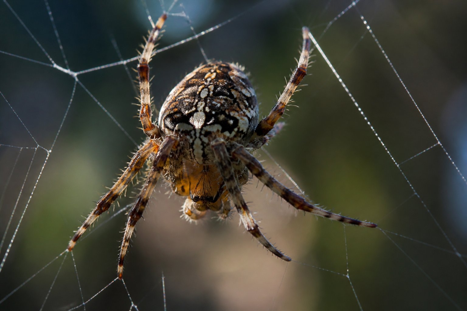 Close-up of a spider on its web, showing its legs touching the web strands in a natural outdoor setting.