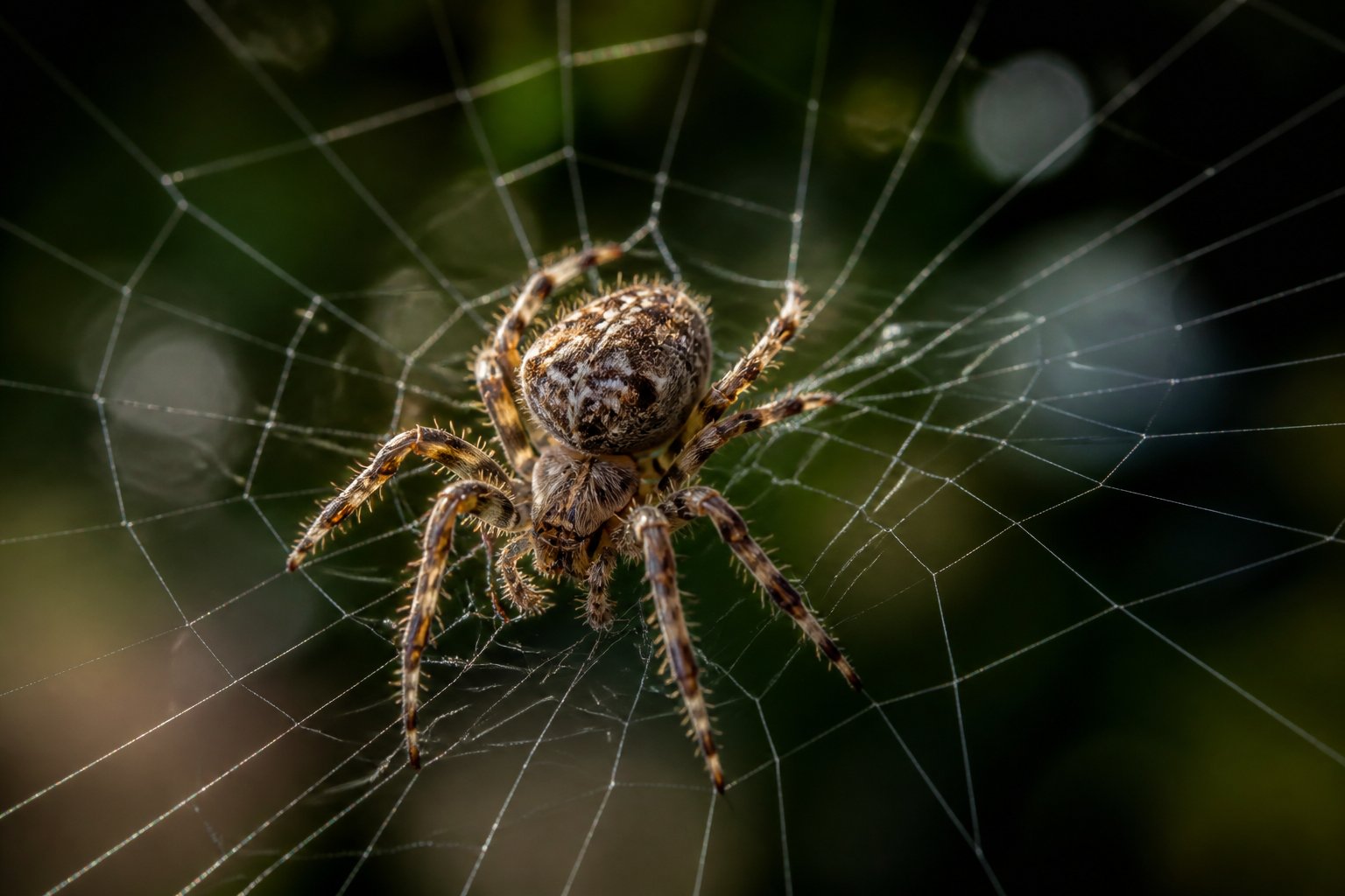 Close-up of a spider on its web with silk threads extending outward, showing the spider sensing its surroundings.