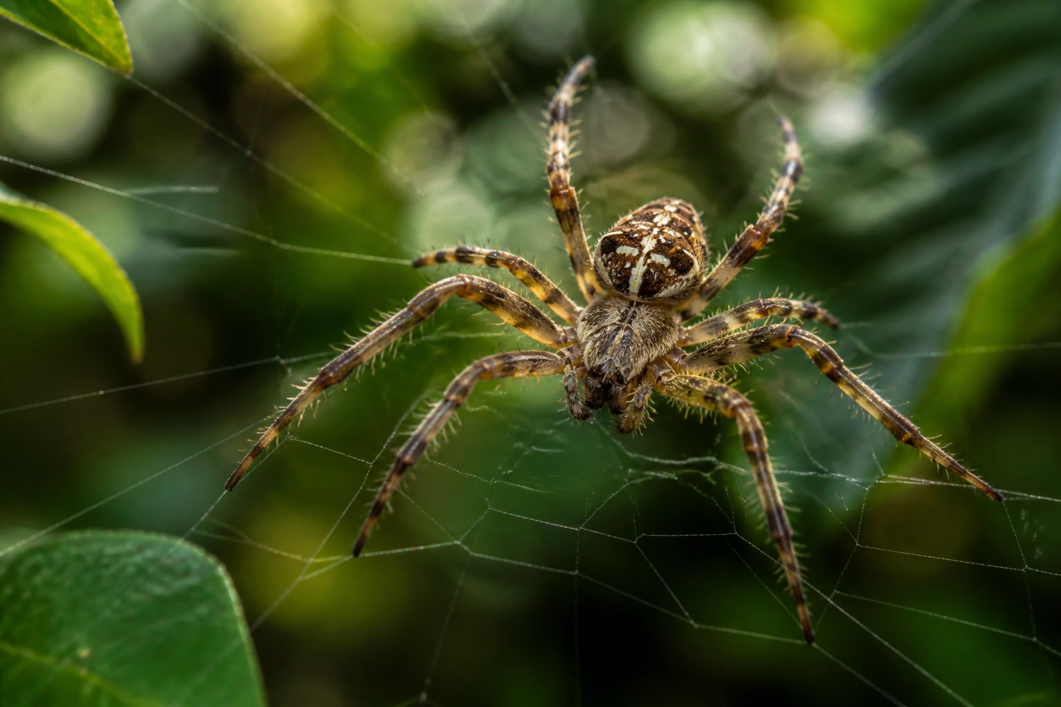 Close-up of a spider sitting on its web among green leaves in a forest.