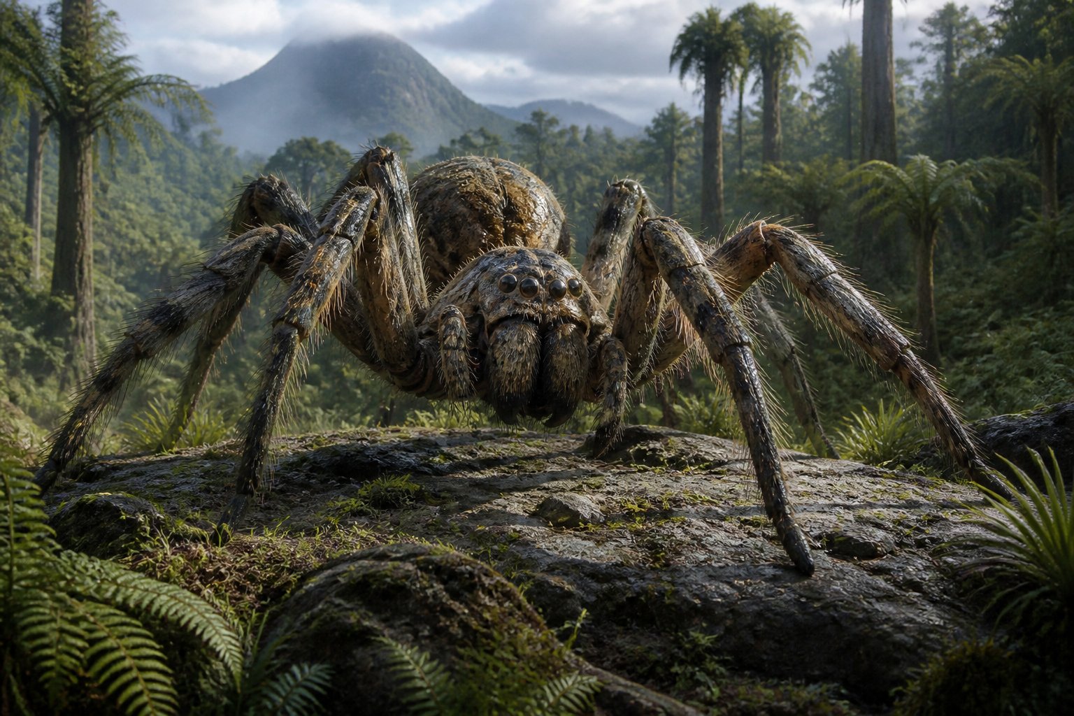 A giant prehistoric spider on rocky ground surrounded by ancient plants and trees in a misty forest.