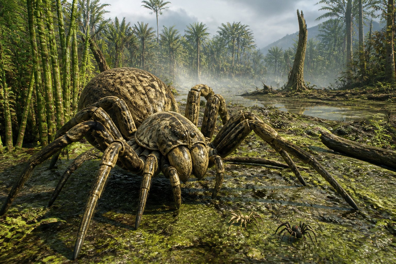 A large prehistoric Megarachne spider crawling on the ground in a lush ancient landscape with smaller modern spiders nearby for size comparison.