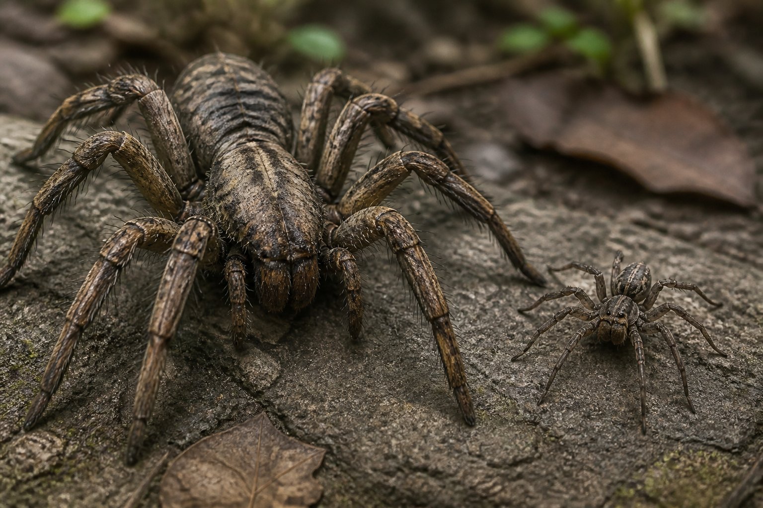 Two spiders side by side on a natural background, one large and ancient-looking, the other smaller and modern.