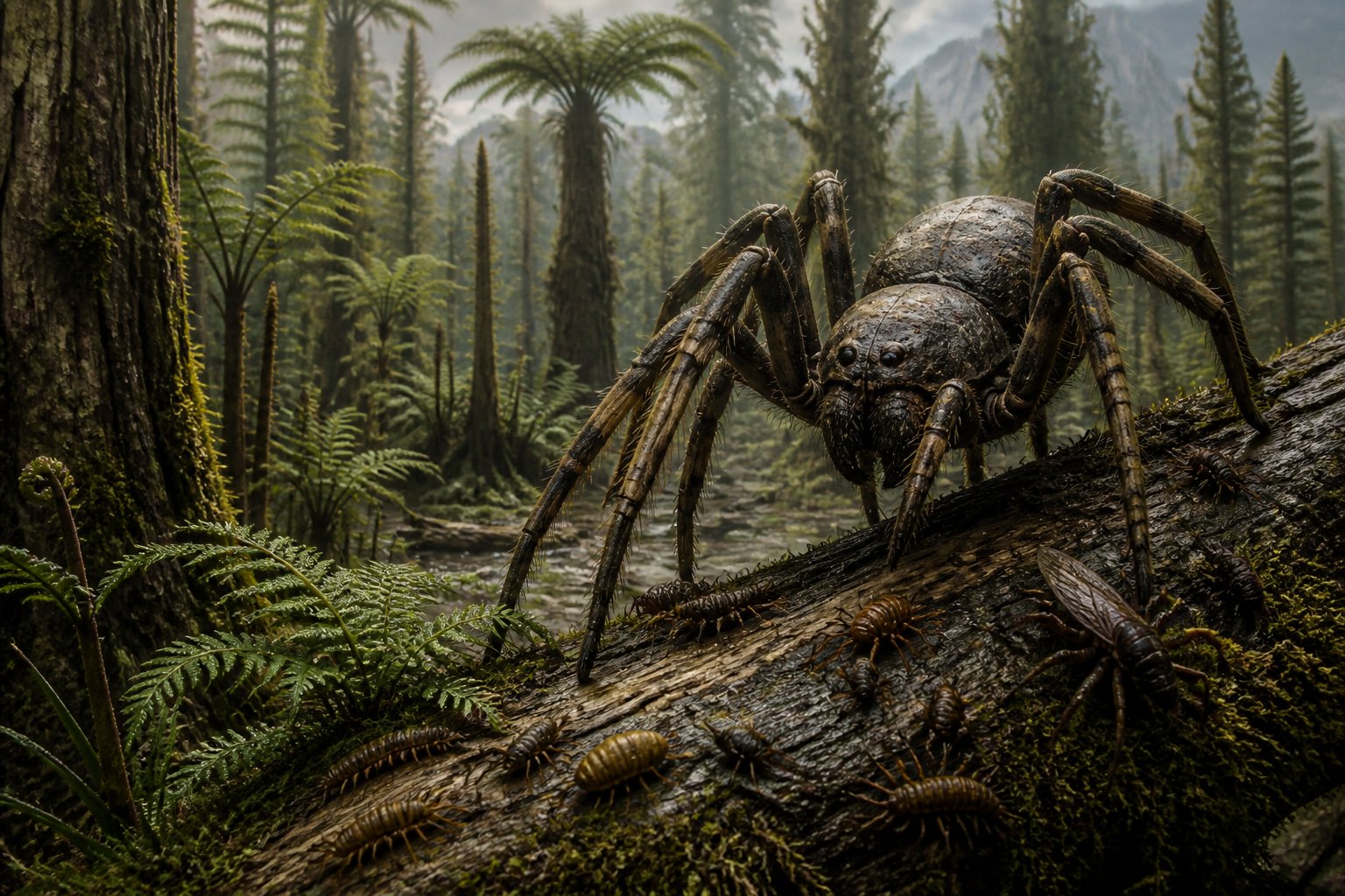 A large prehistoric spider perched on a branch in a dense ancient forest with giant ferns and plants.