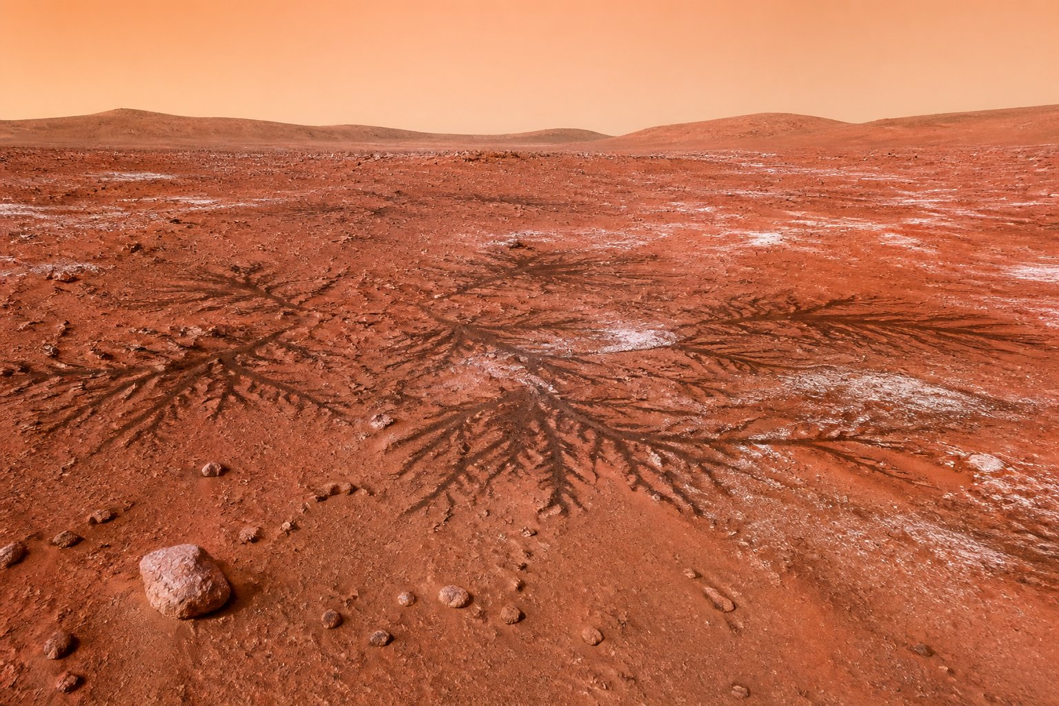 The rocky surface of Mars with seasonal dark streaks and frost patches under an orange sky.