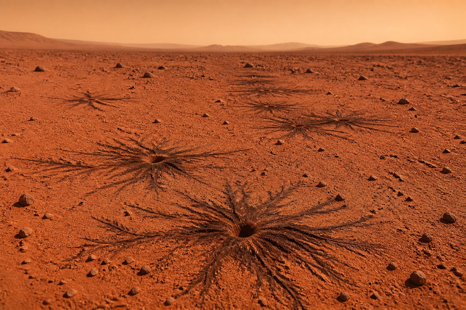 Close-up of spider-shaped formations on the Martian surface formed by carbon dioxide ice sublimation, showing branching channels on reddish rocky terrain under a clear sky.