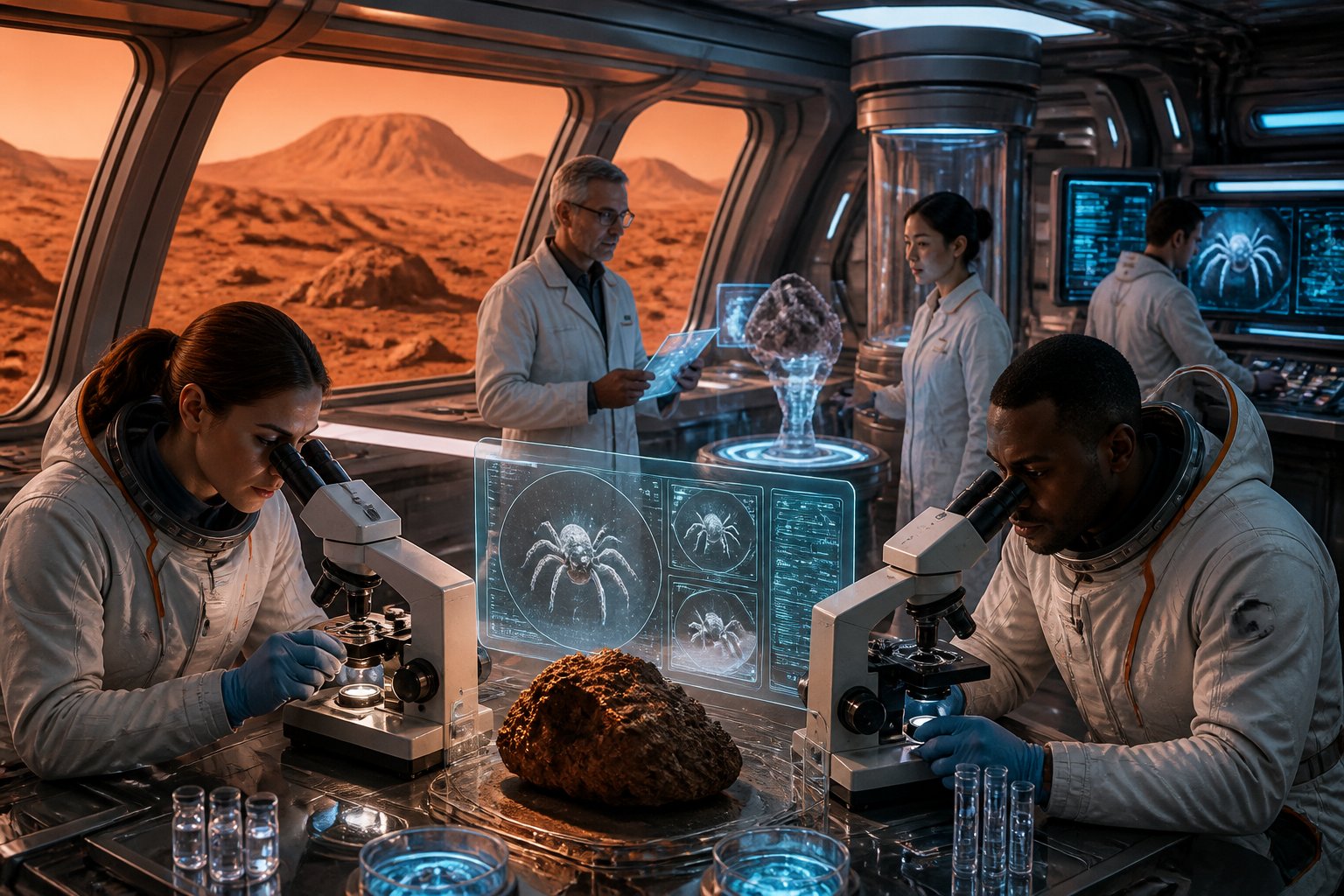 Scientists in a Mars habitat examining samples under microscopes with Mars landscape visible through large windows.