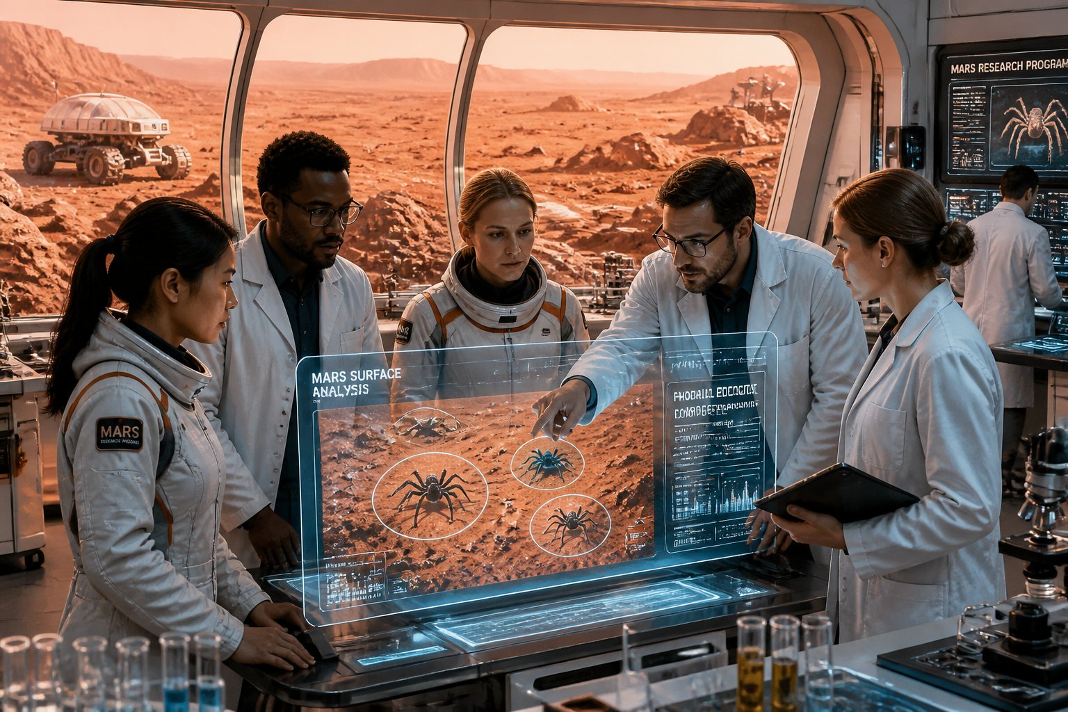 Scientists in a Mars research lab examining digital images of the Martian surface with rocky terrain visible outside.