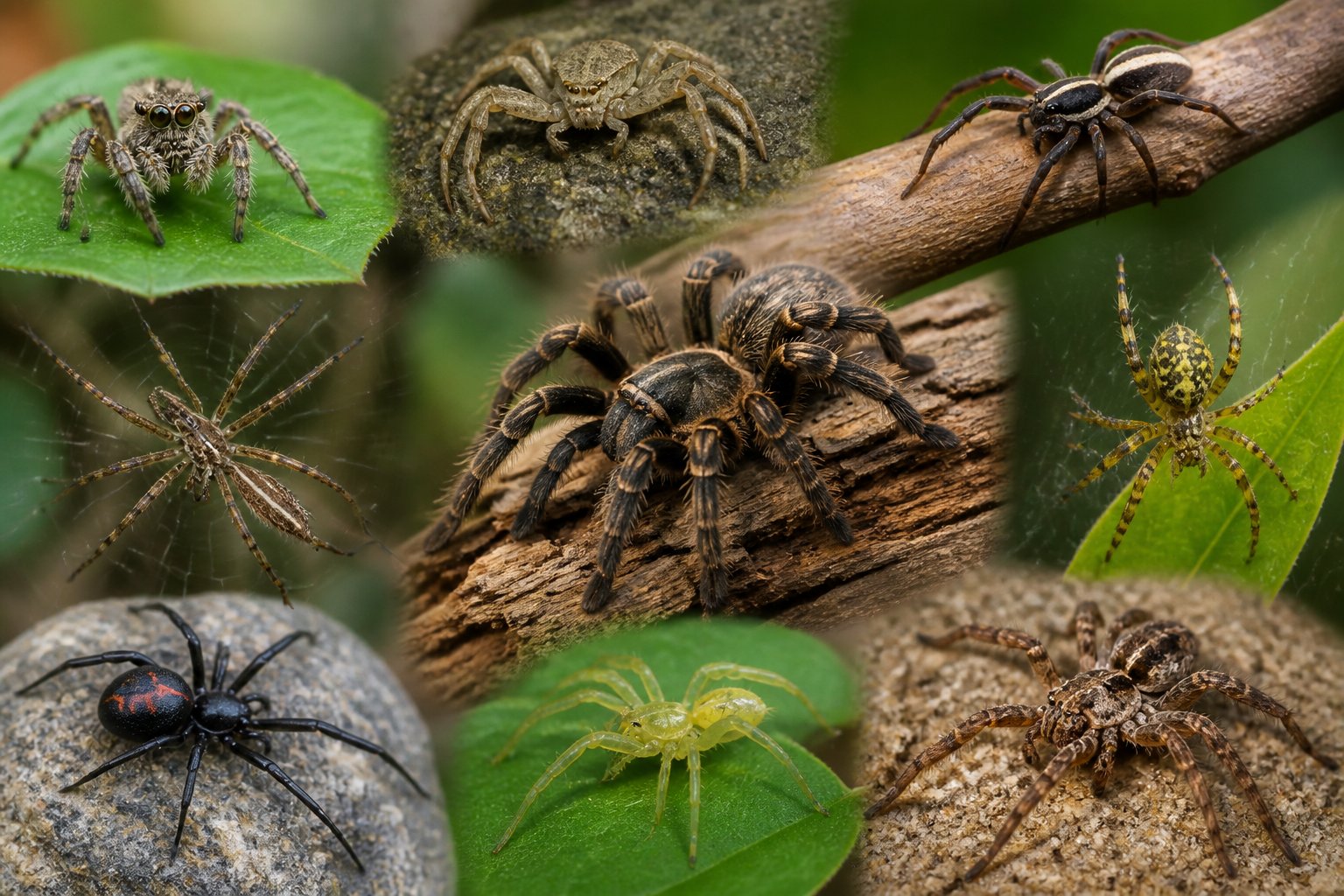 Close-up of several different spiders on leaves and branches outdoors.