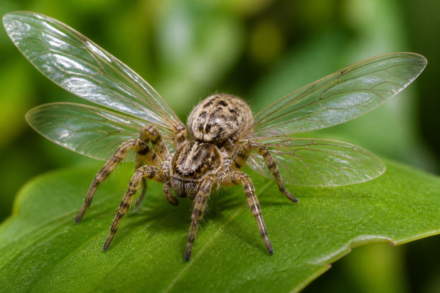 A spider with translucent wings resting on a green leaf with blurred greenery in the background.
