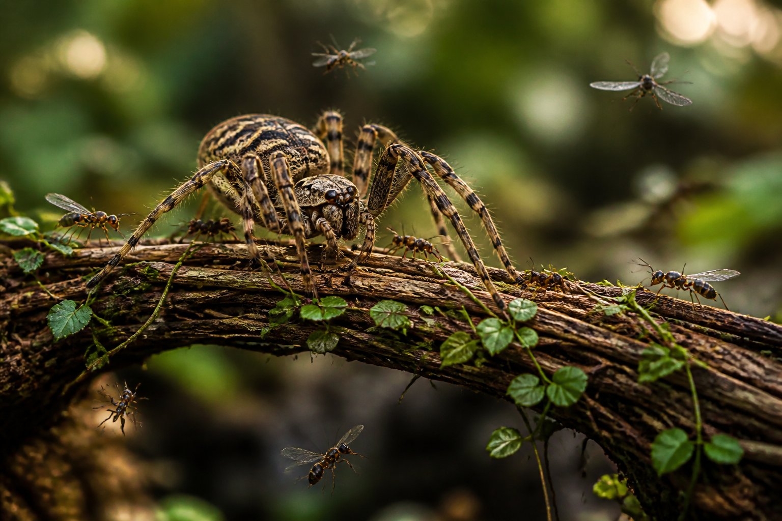 Close-up of a large spider on a natural bridge made of branches in a forest, with smaller winged insects nearby.