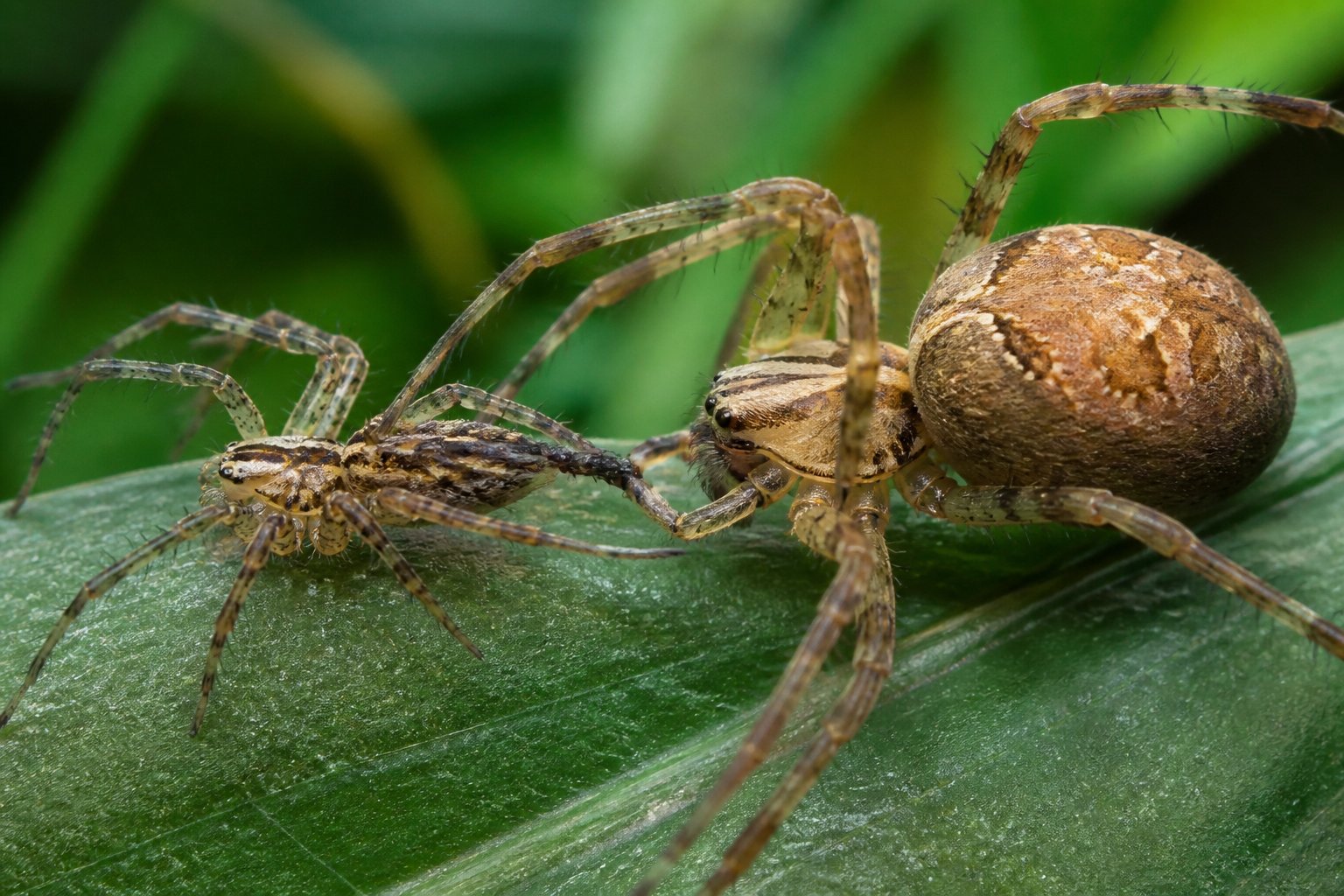 Two spiders on a leaf with the male spider transferring sperm to the female spider.